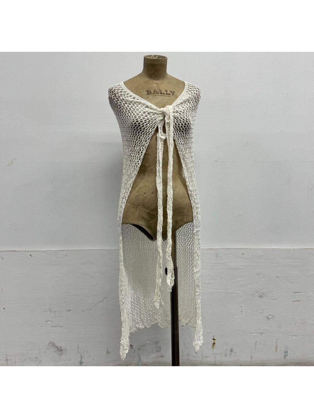 Boho Fairycore Cream Open-Knit Fishnet Tie-Front Longline Shawl
